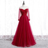 Wine Red Long Sleeves Beaded Tulle Evening Gown A-line Wine Red Long Prom Dress prom dresses shops